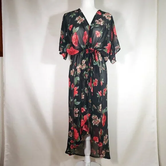 Dark floral Sheer kimono topper with tie waist Women’s 3X - Picture 7 of 8